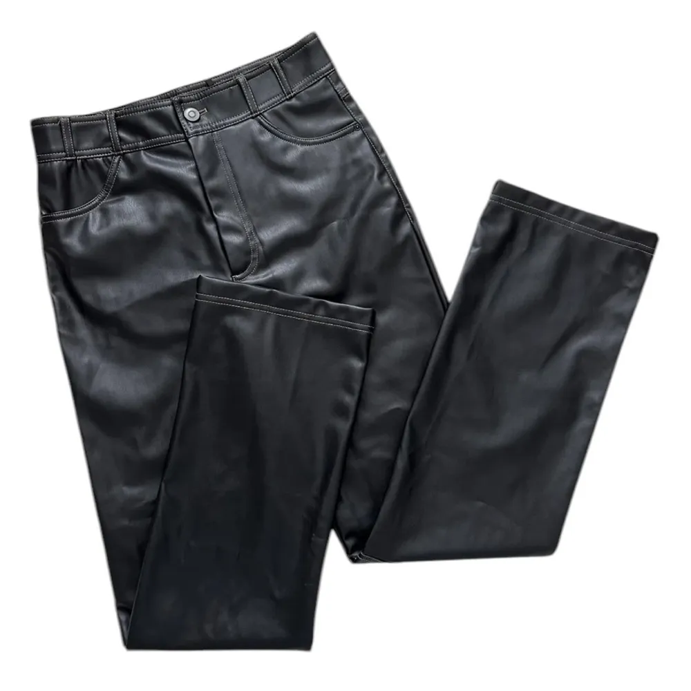 NWT ZARA Pants Faux Leather Vegan Straight Leg Contrast Stitching Black Size M - Image 5