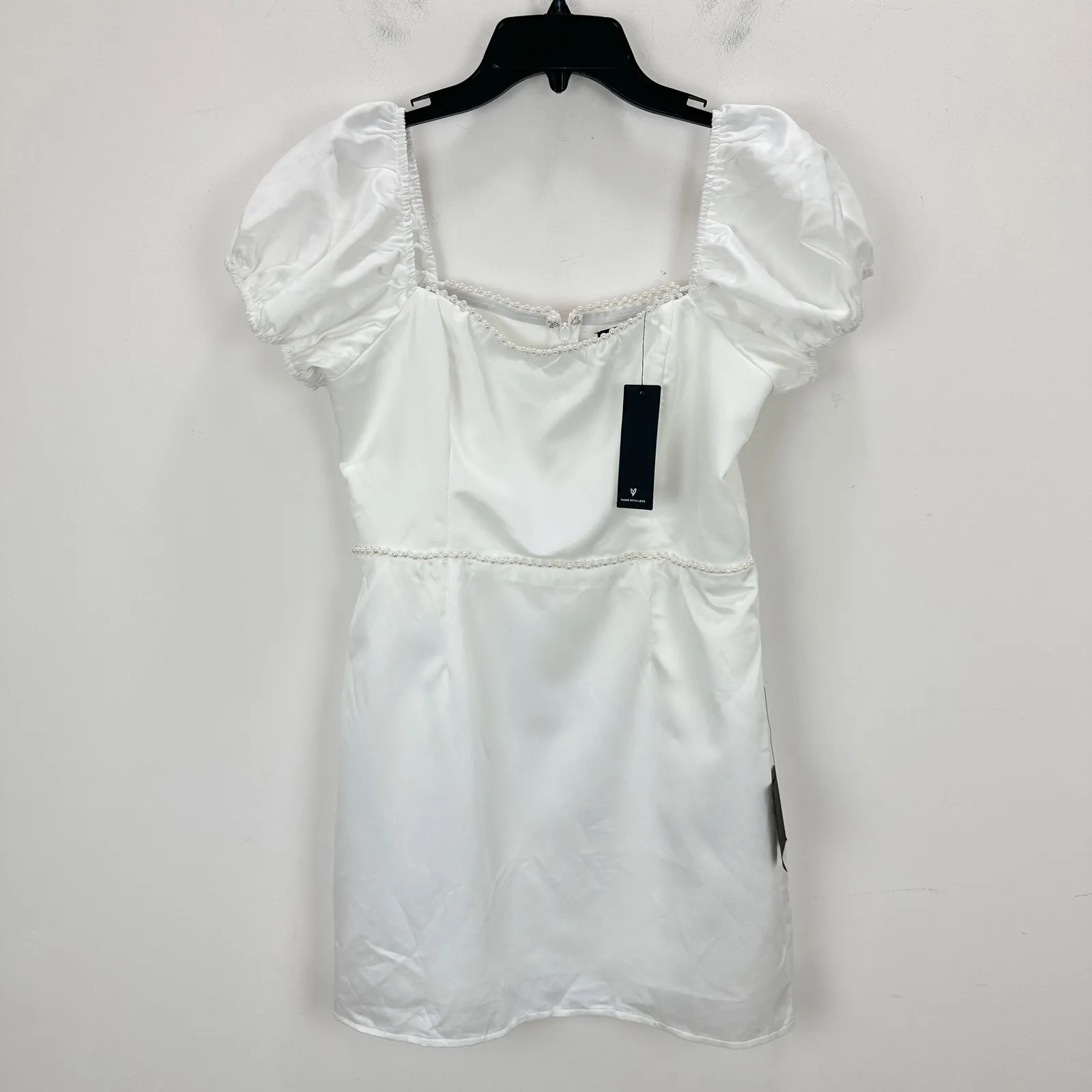 Lulus Adorable Poise White Pearl Puff Sleeve Mini Dress Satin Party Large NWT - Image 5