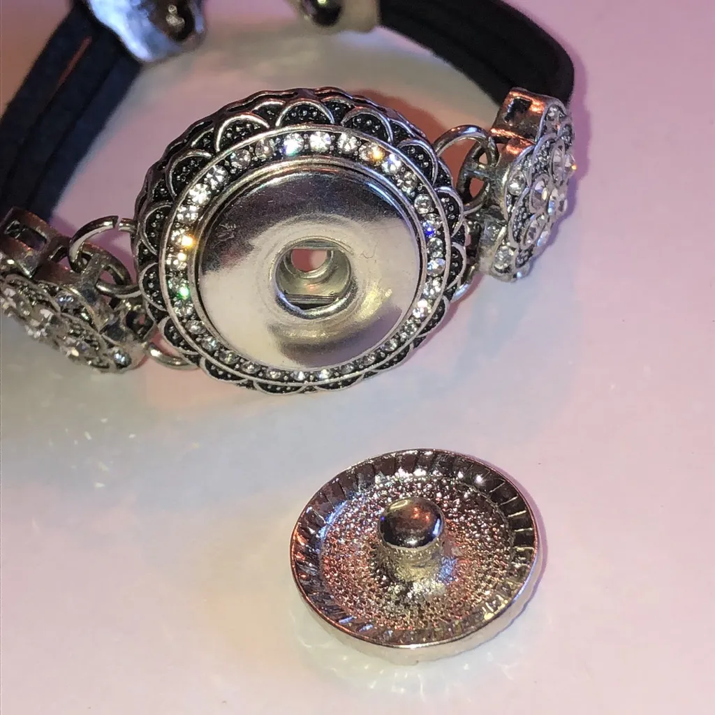 Elegant Black and Silver Tone CZ Rhinestone Snap On Anchor Charm Bracelet - Image 6