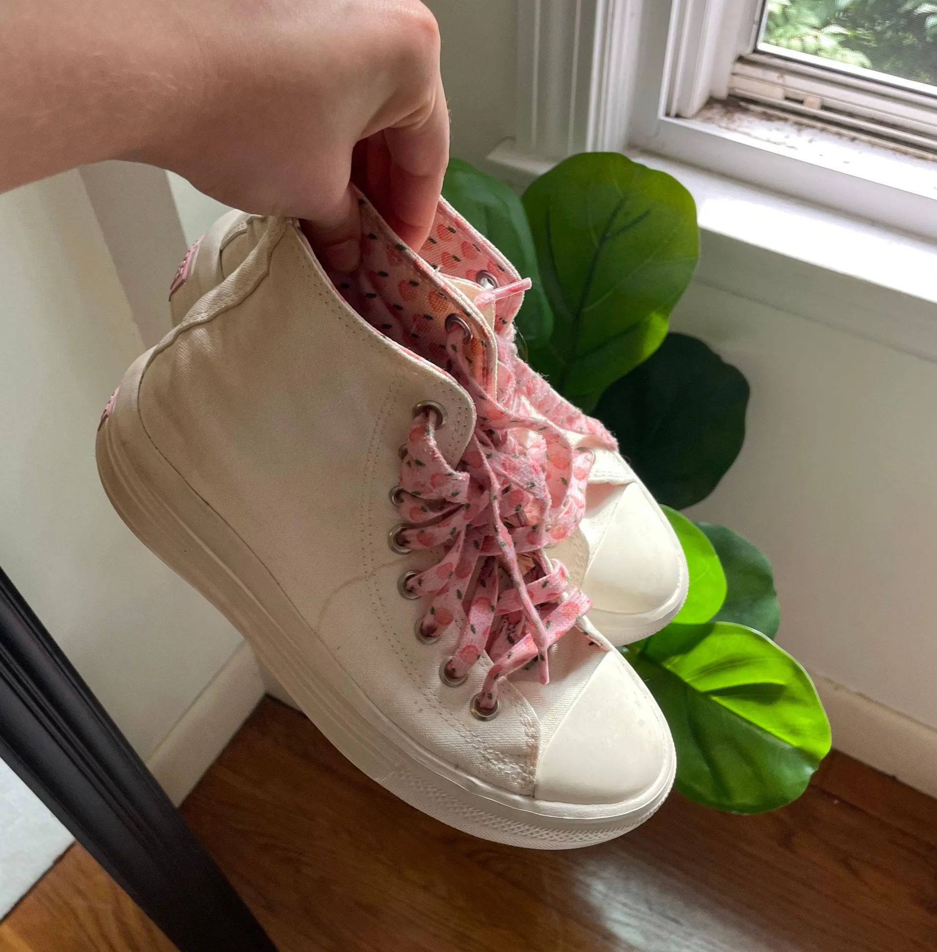 Converse Cream and Pink High Top Platform Sneakers - Image 3