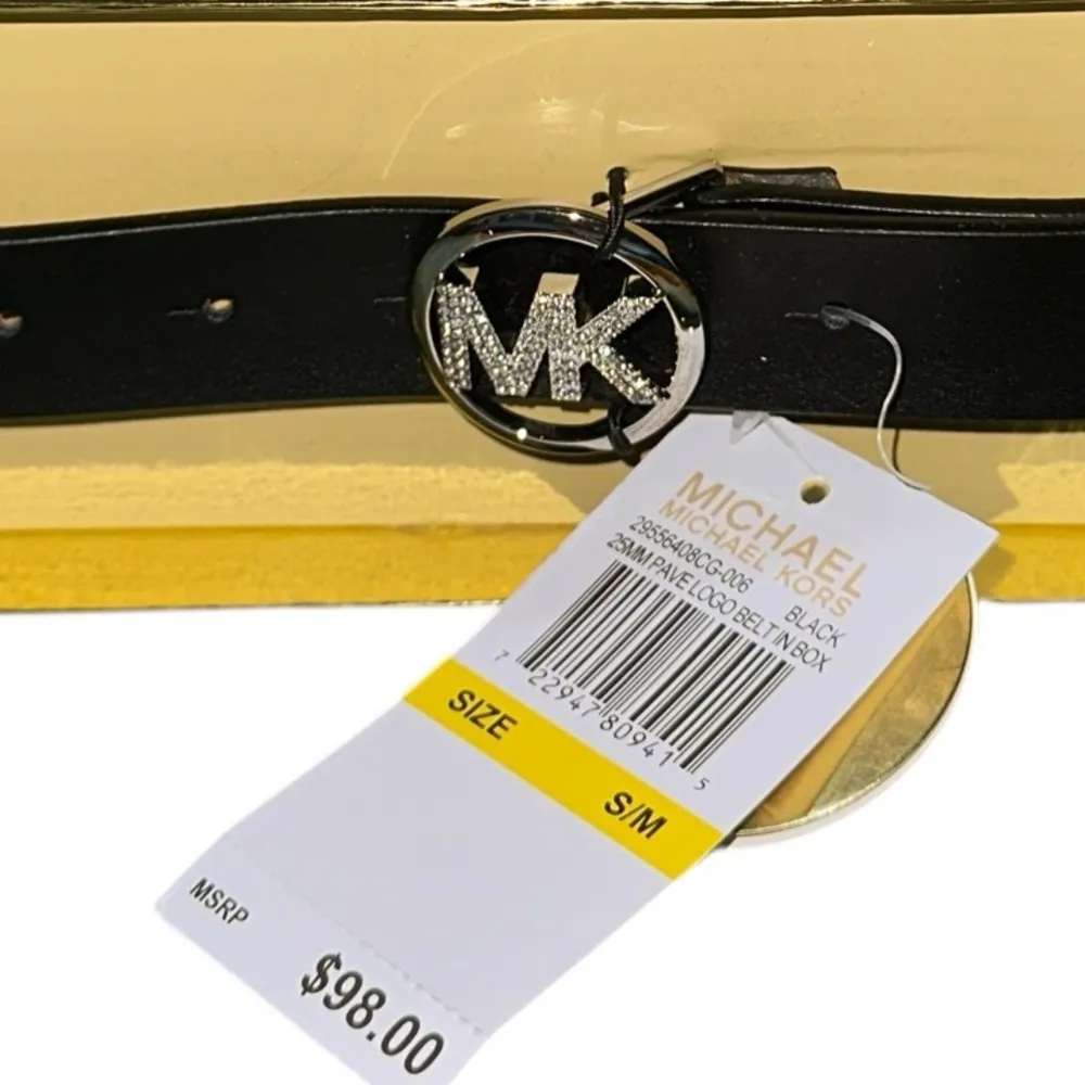 NIB Michael Kors BLACK  25MM REVERSIBLE Pave Logo Belt In Box SZ S/M BLING LOGO - Image 3