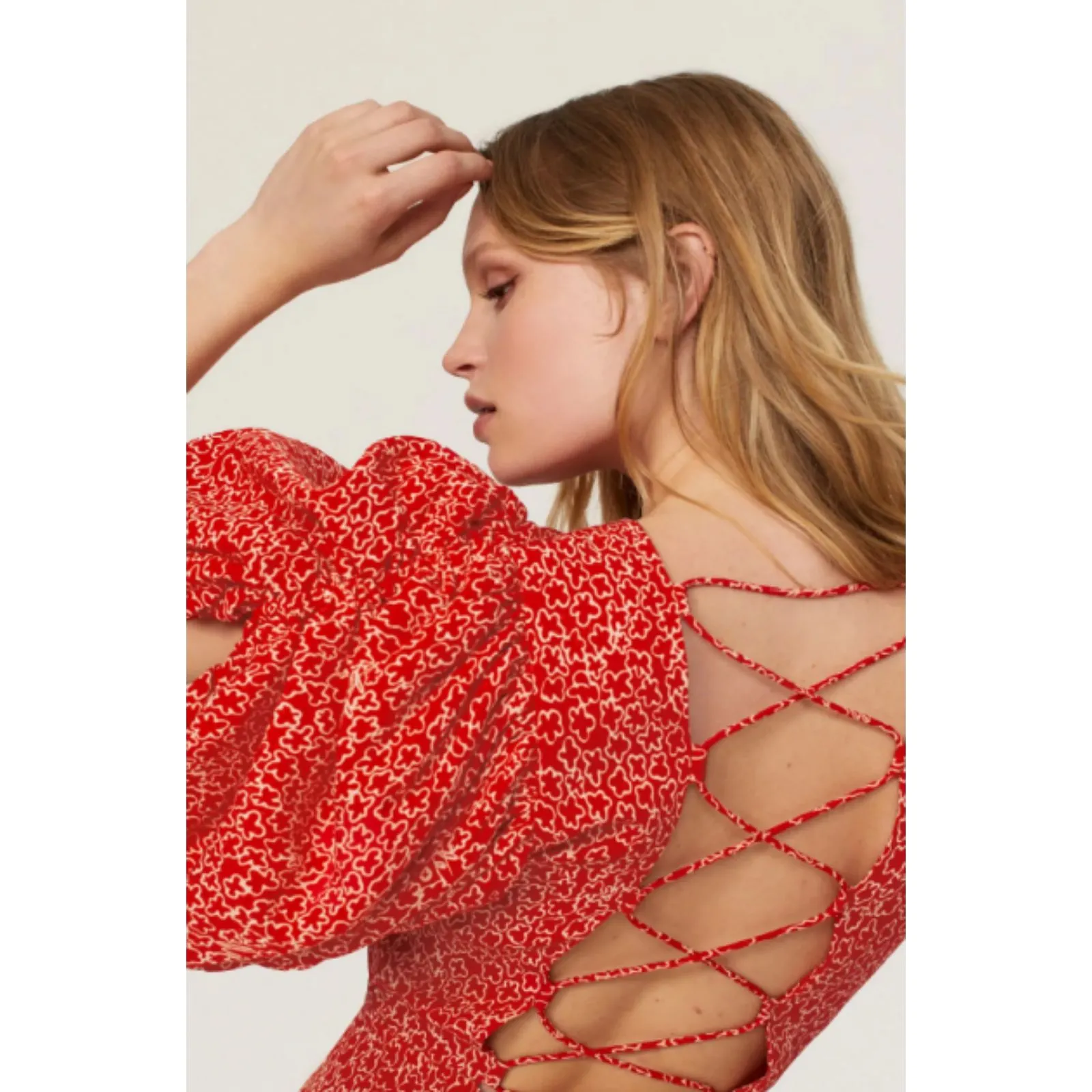 ROTATE Jacquard Red Floral Puff Sleeve Corset Open Back Cocktail Dress (No Size) Size undefined - Image 12