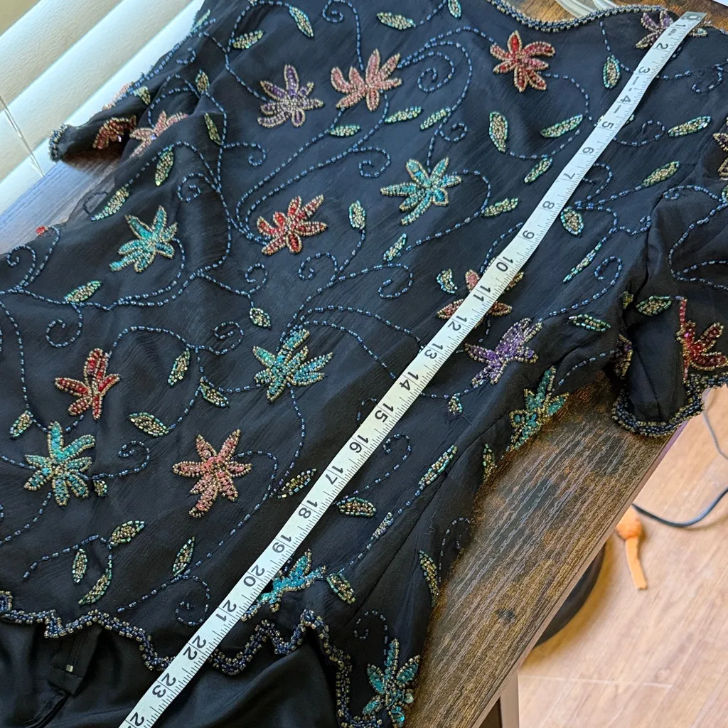 Vintage Silk Beaded Embroidered Black Floral Semi Formal Top Laurence Kazar Size L - Image 10