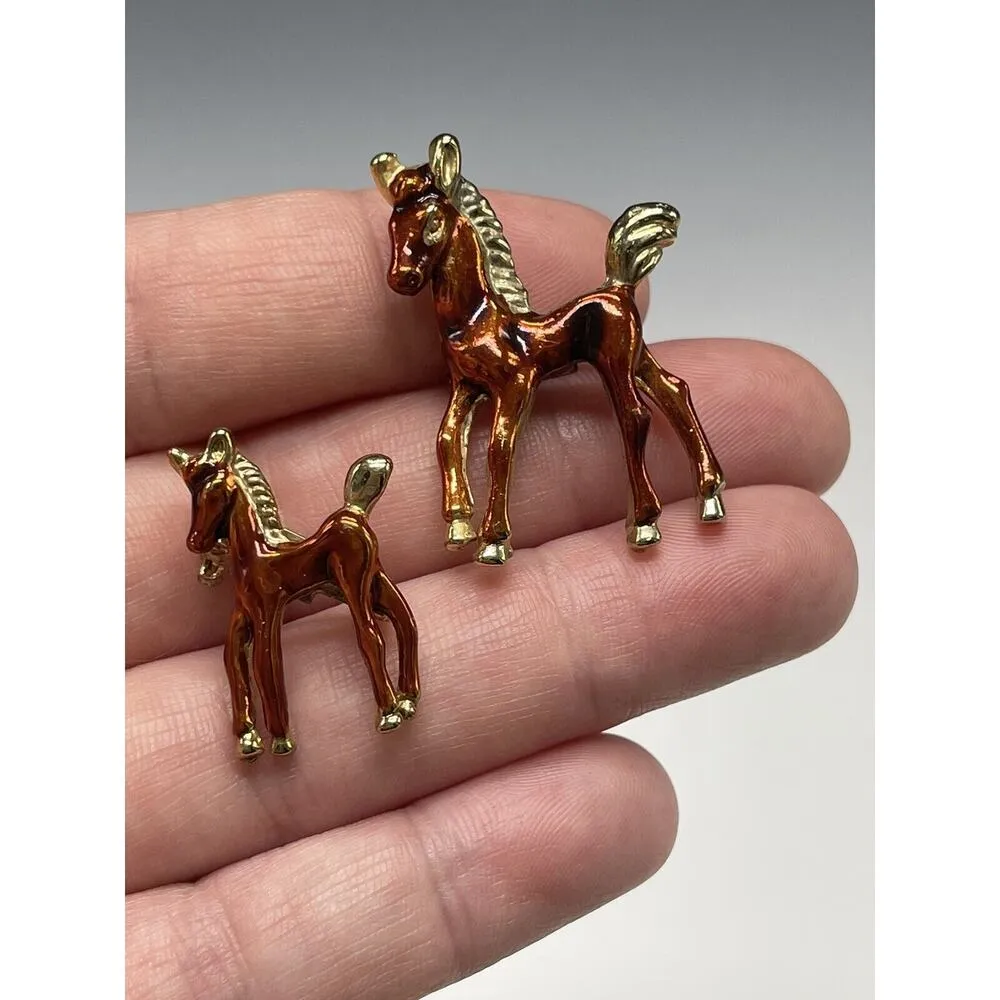 Vintage Horses Horse Pony Brooch Pins‎ Pin Pair Gold - Image 2