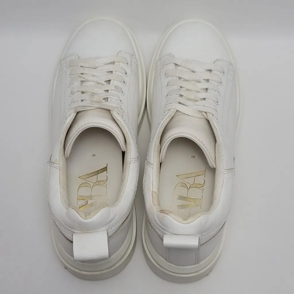 Zara Woman All White Casual Style Faux Leather Low Top Sneakers Size Eu 40 - Image 4