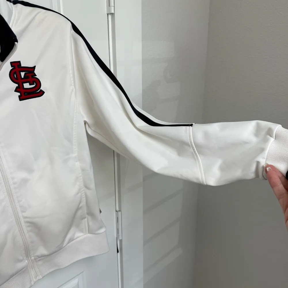 Majestic Varsity Jacket White Black with Stand-Up Collar and Emblem - Image 3