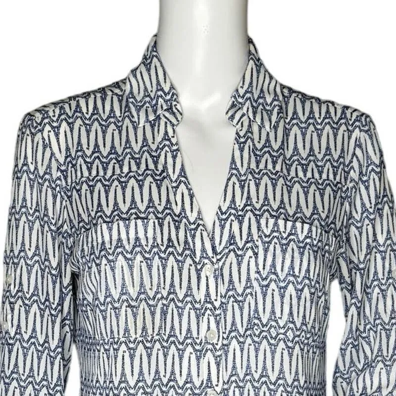 Express Shirt Womens XS‎ White Blue Eiffel Tower Print Portofino Office Casual - Image 5