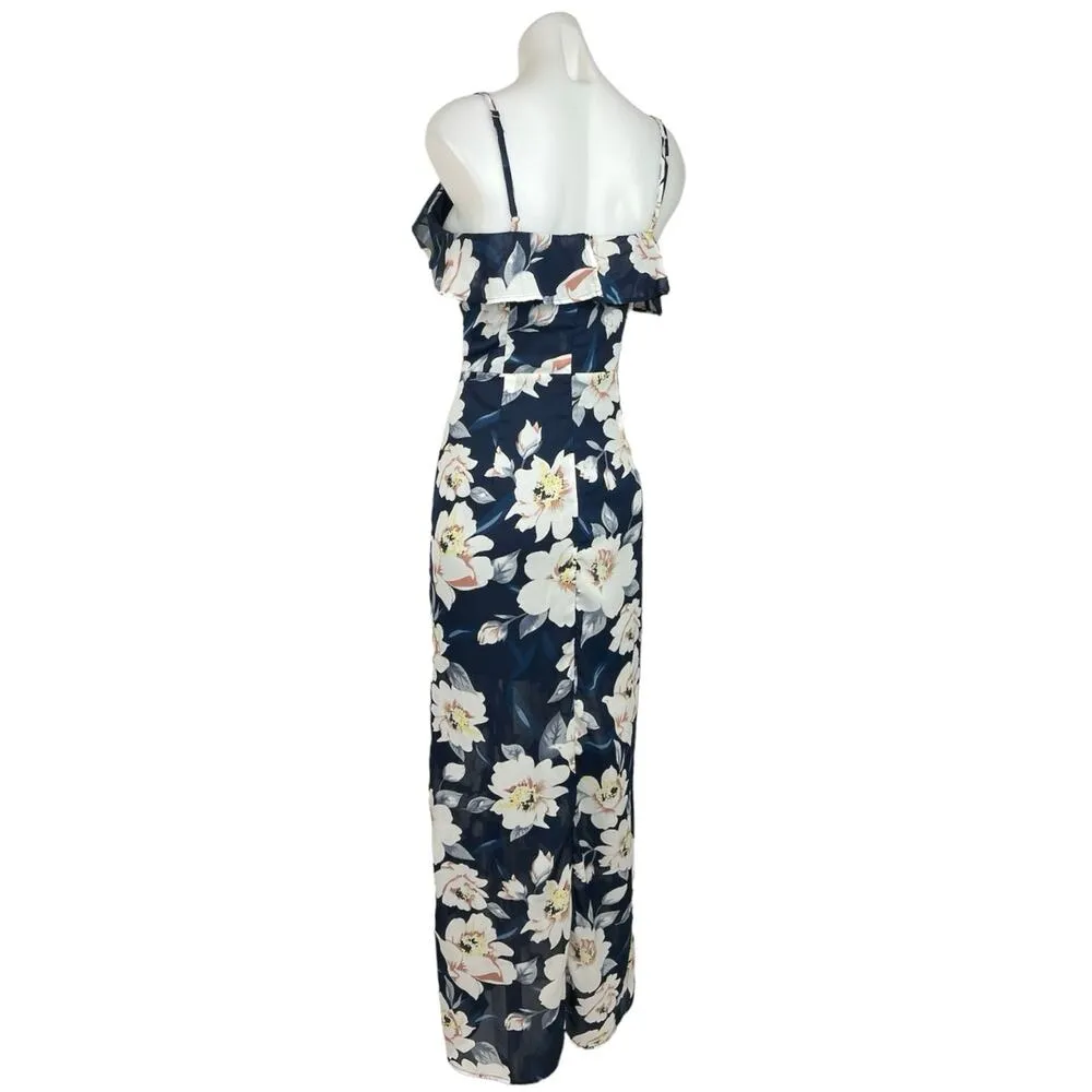 Heli Blue Floral V Neck Ruffle Cocktail Sleeveless Sheath Maxi Dress Size L Size L - Image 2