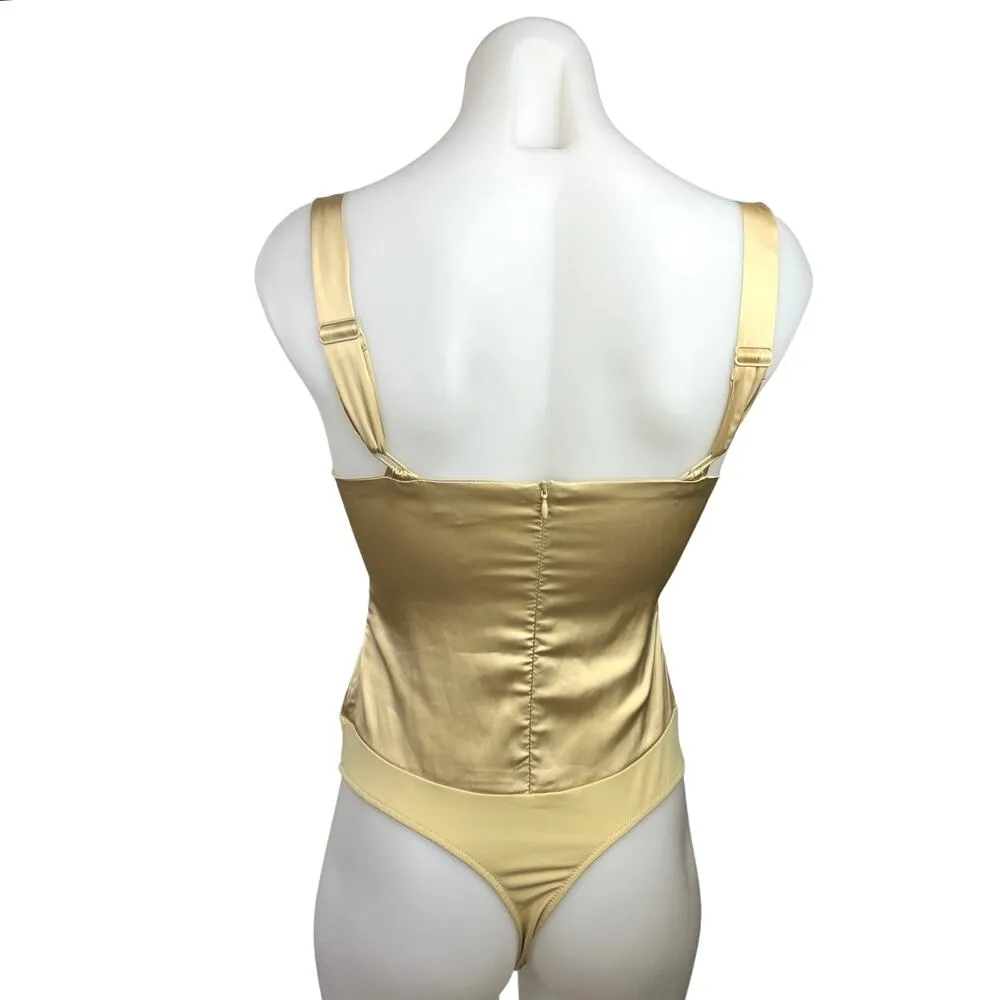Danielle Bernstein Gold Satin Ruched Camisole Cami Tank Corset Bodysuit Top - Image 4