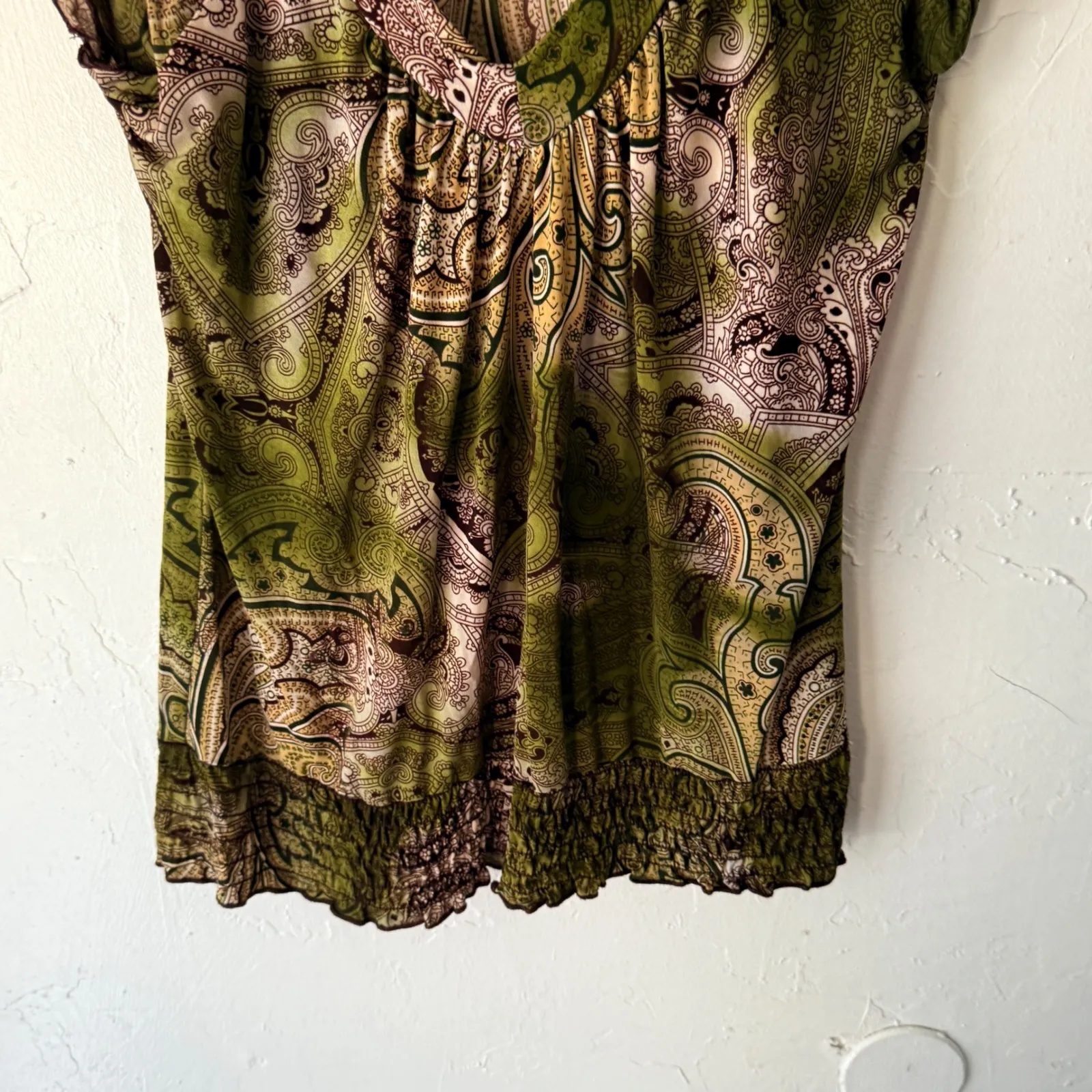 Agenda Y2k Green Paisley Print‎ Top V Neck Blouse Fairy Goblin Forest Whimsical Size L - Image 5