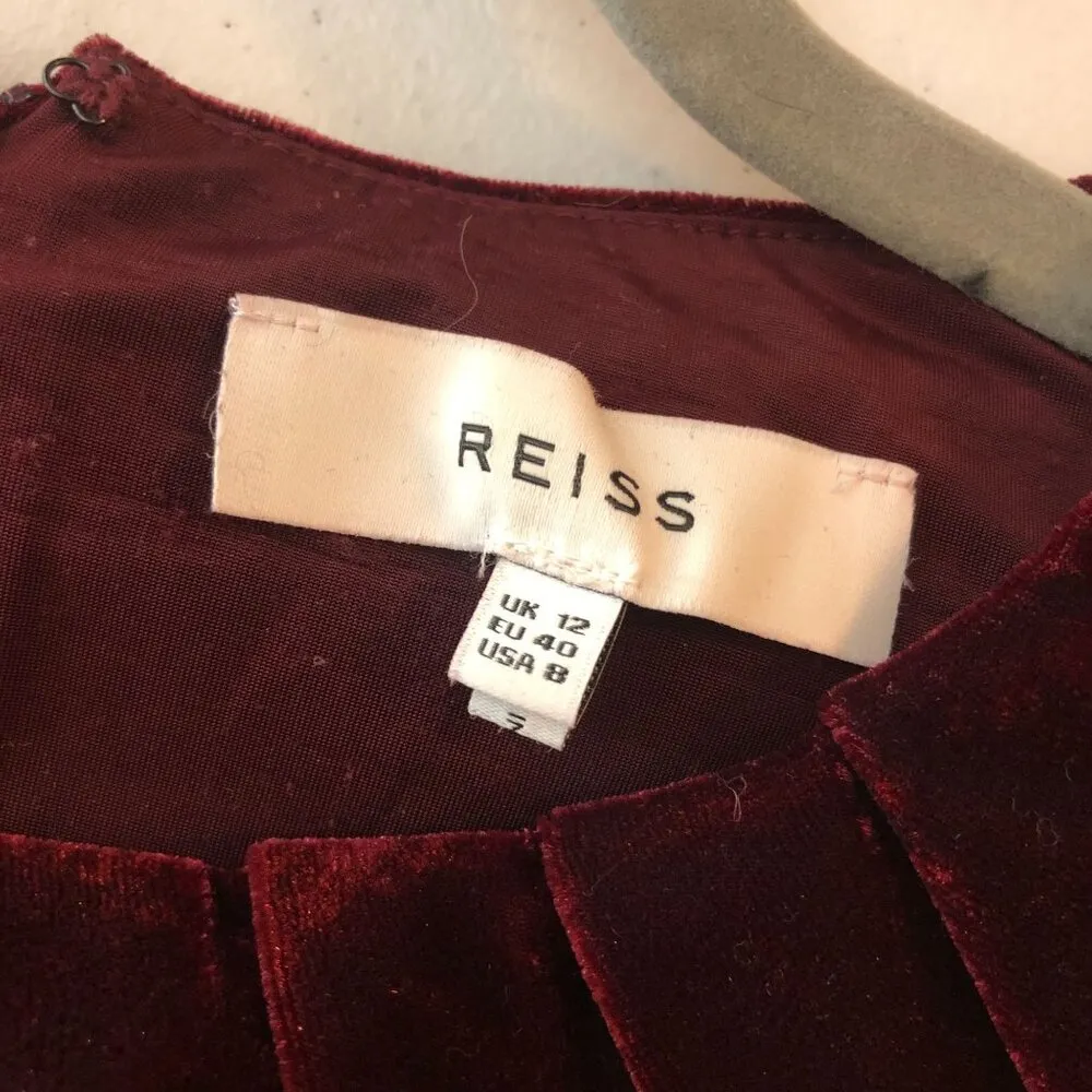 Reiss Matty Dress Velvet Long Sleeve Pleated Red 8 - Image 3