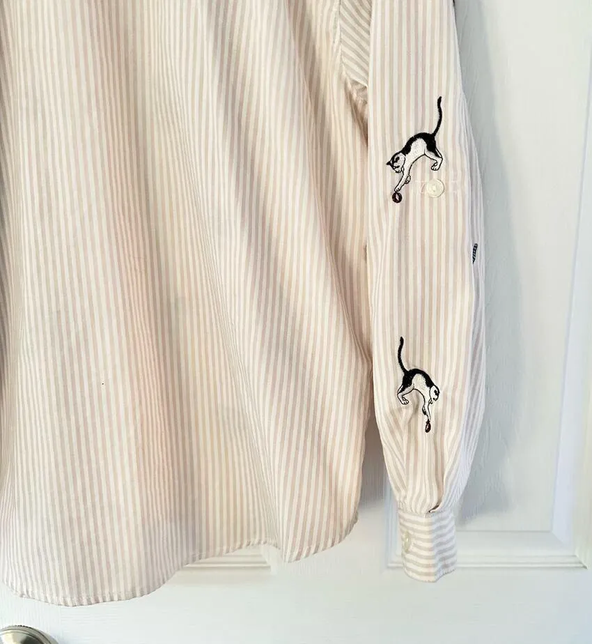 Teddi Vintage Beige White Seersucker Stripe Buttondown Embroidered Cats Large - Image 13