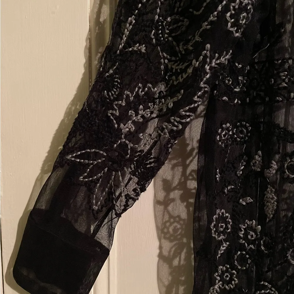 Zara Black Sheer Embroidered Button Jacket Duster Coverup Coat Robe -M - Image 3