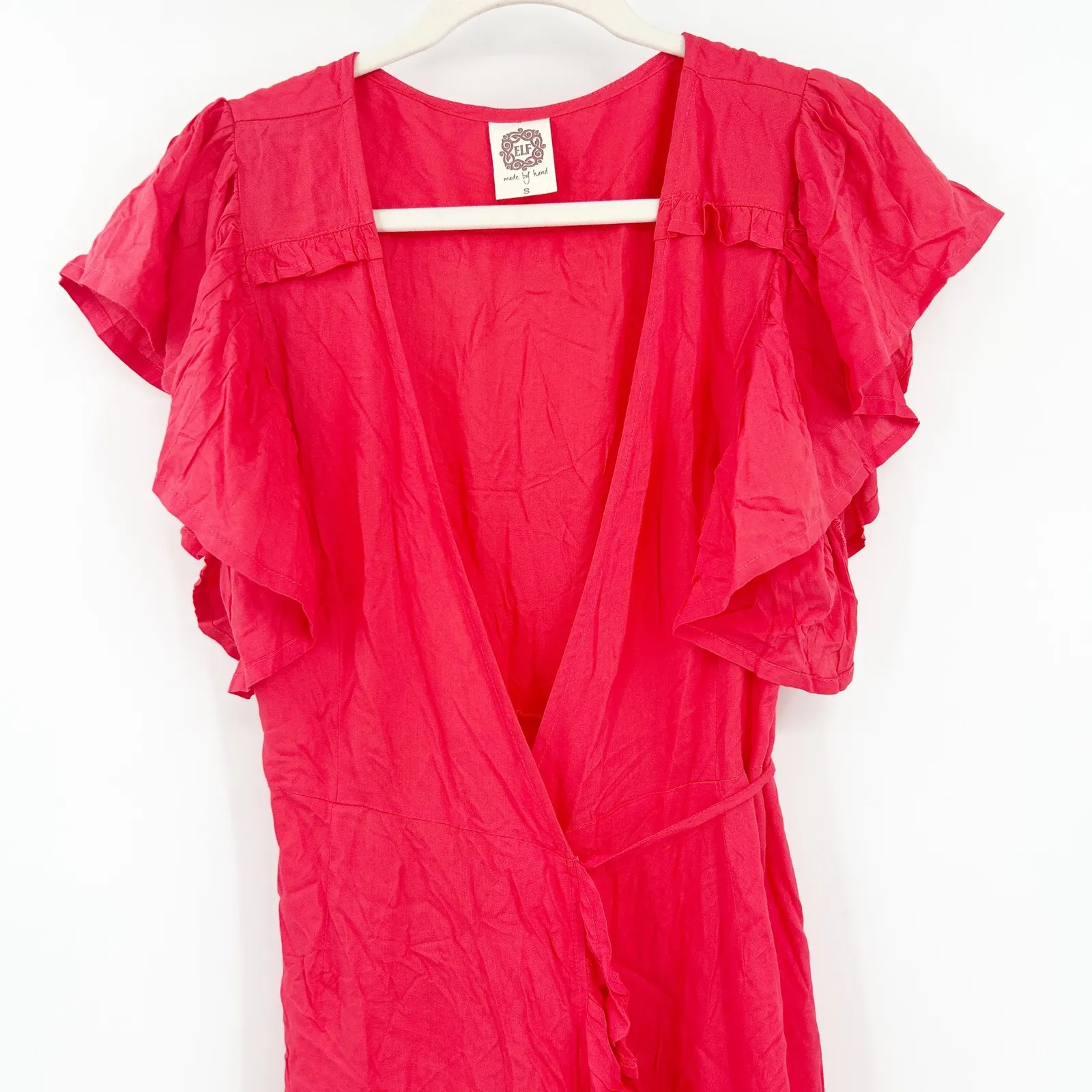 ELF Bali Made By Hand Carmen‎ Red Ruffle Wrap Vacation Party Maxi Dress Size S - Image 3