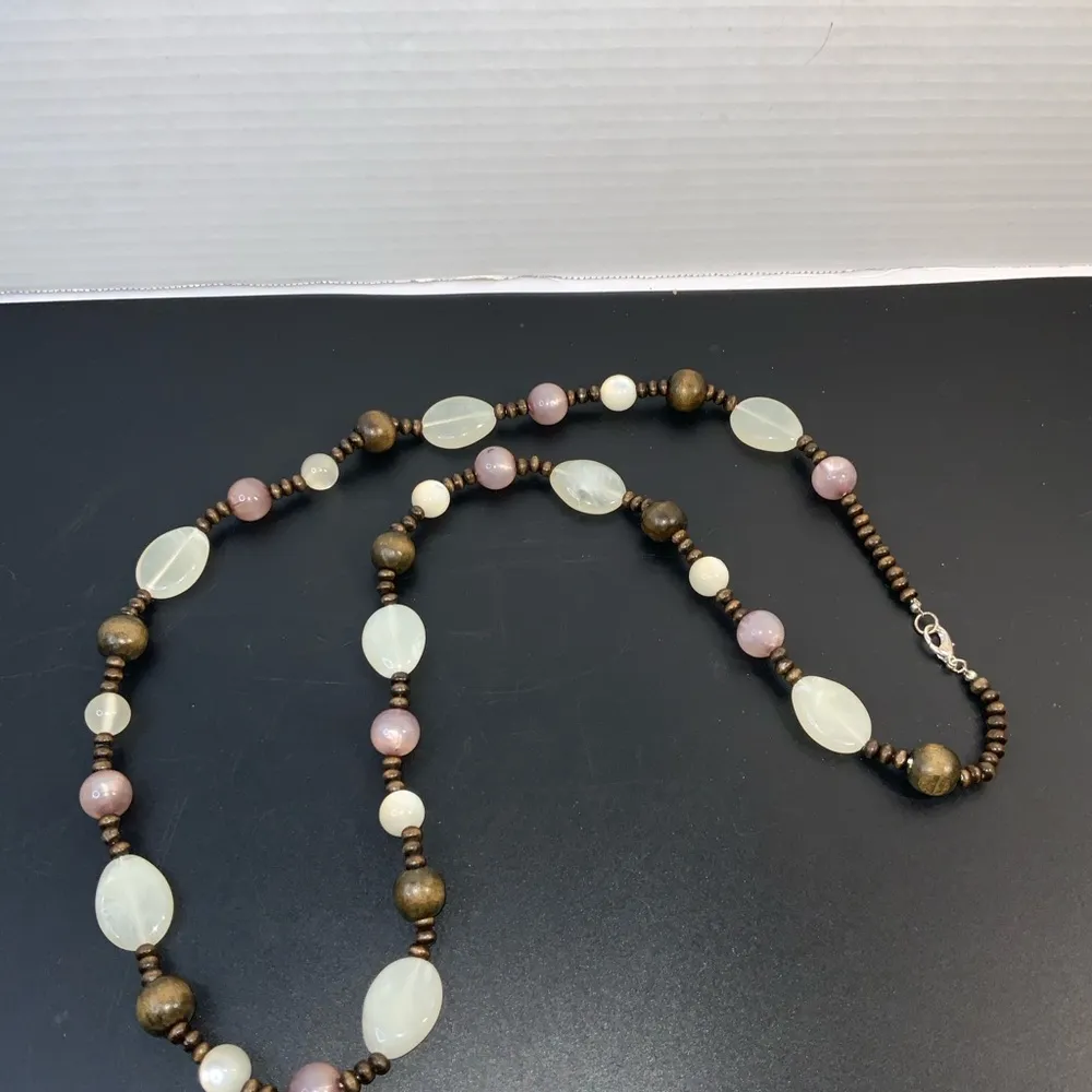 Long wood beaded quartz and moonstone necklace BOHO FESTIVAL STYLE White - Image 2