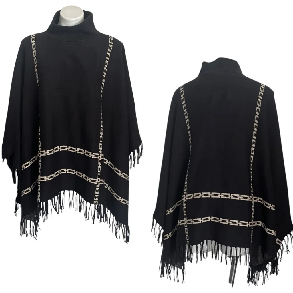 J McLAUGHLIN Black Poncho Hold Chain Link Pattern Mock Neck Fringe One Size Size undefined - Image 6