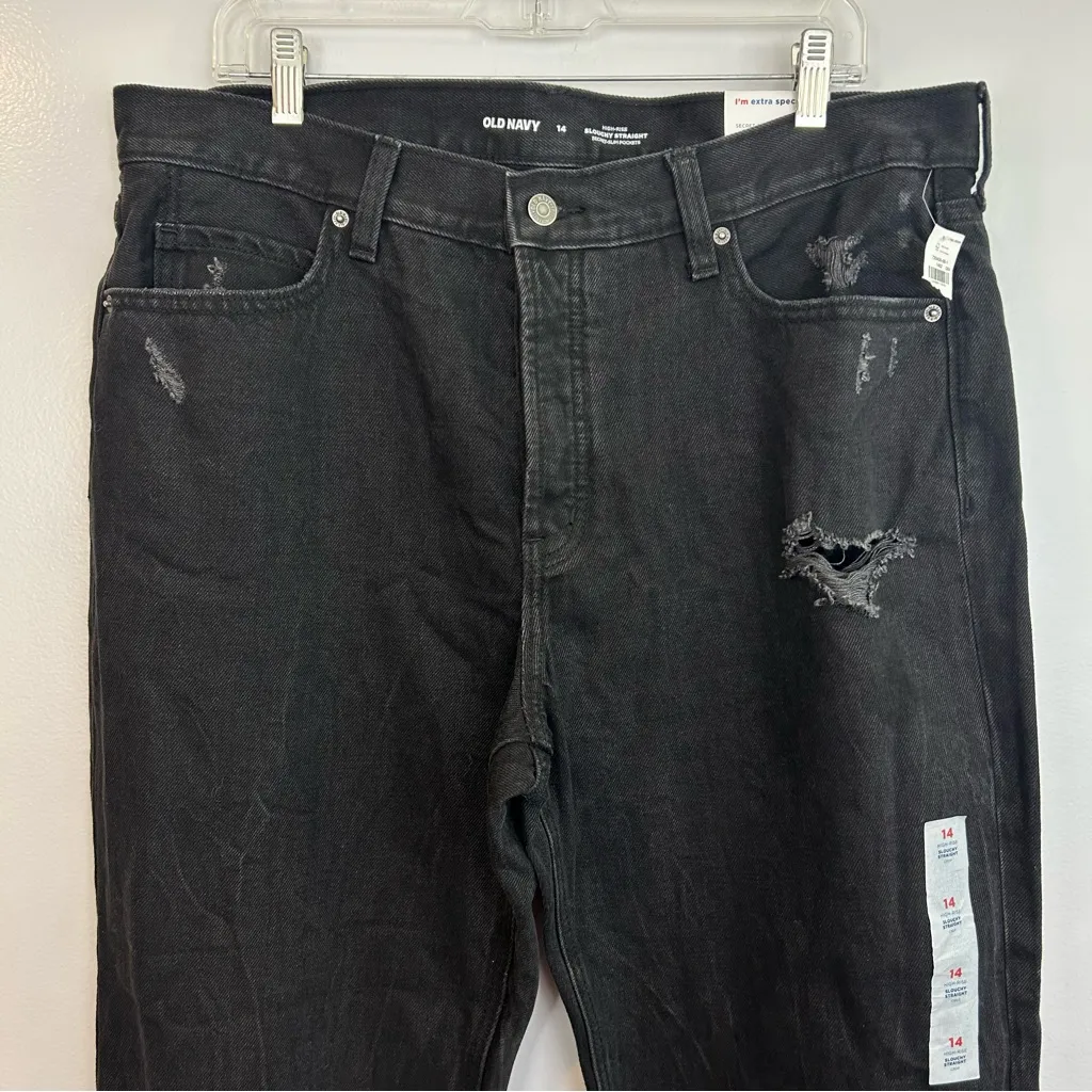 NWT Old Navy Black High Rise Slouchy Straight Distressed Black Denim Jeans Sz 14 - Image 3