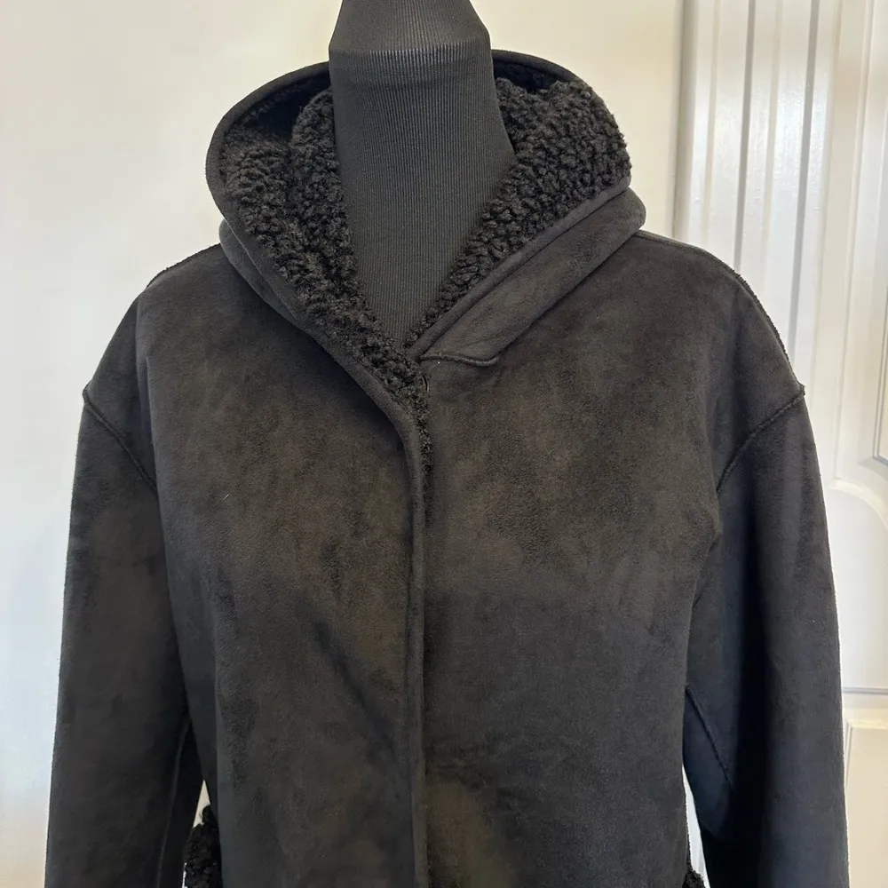 Lucky Brand Faux Shearling Lined Black Faux Suede Barn Coat Hooded Jacket NEW - Image 4