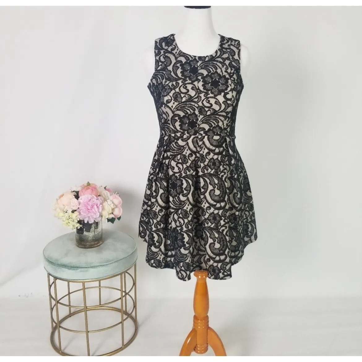 Heart Soul‎ Lace Fit & Flare Party Dress Sleeveless Black Beige M - Image 2