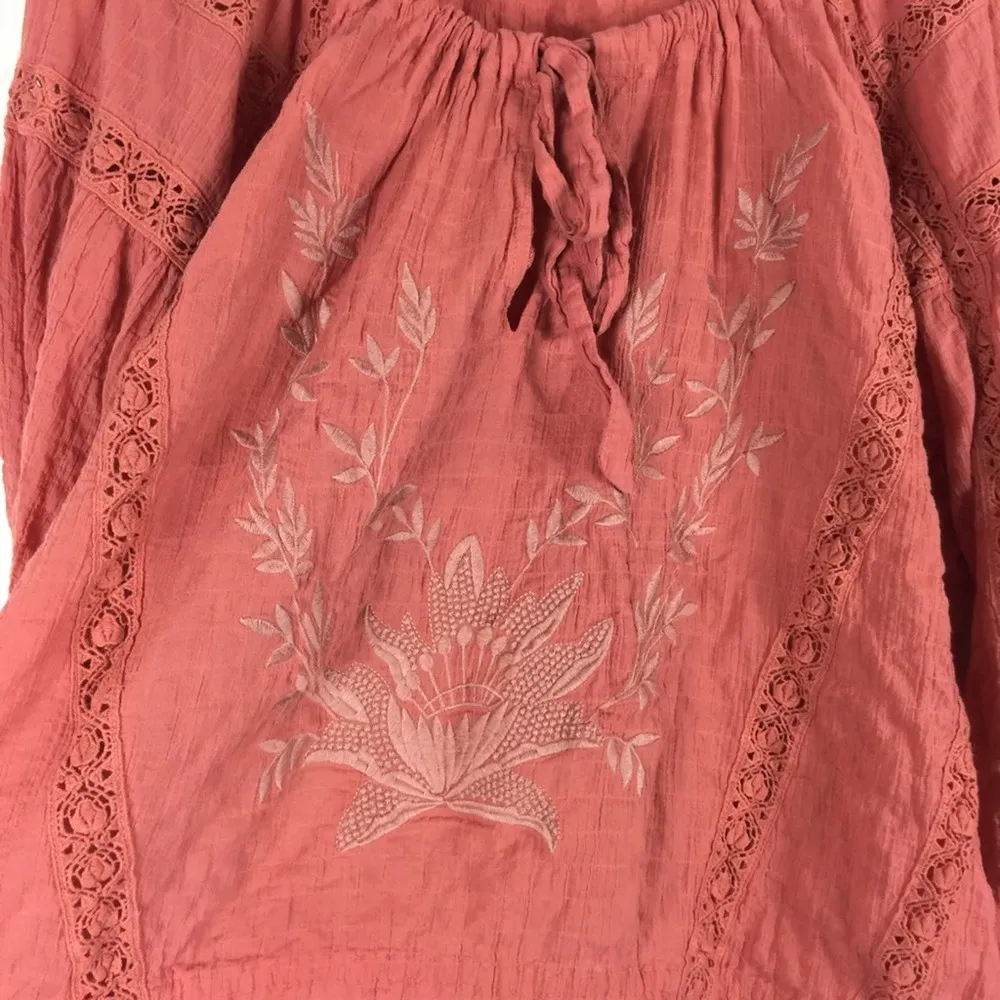 Free People Maria Maria Pink Embroidered Lace Balloon Sleeve Peasant Top Small - Image 9
