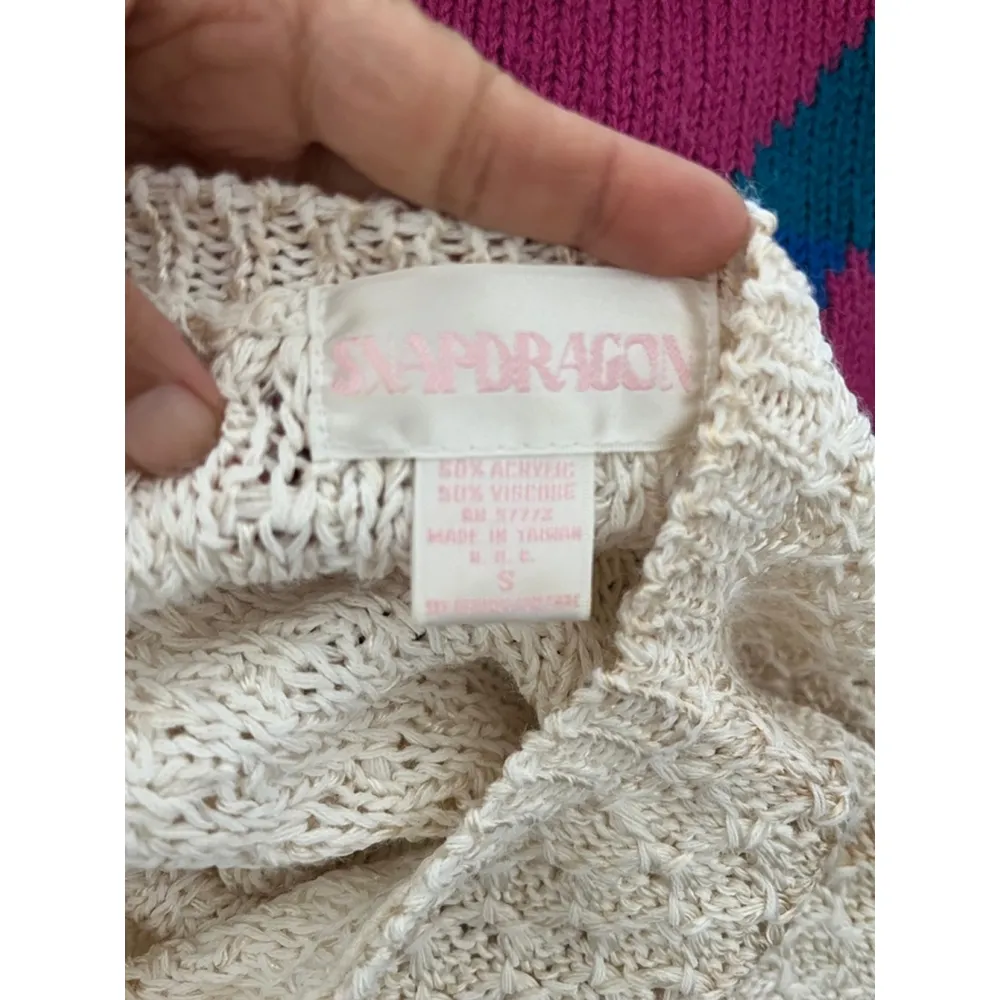 Vintage 80s cream caramel swirl Snapdragon waffle geometric print sweater Small Brown - Image 8