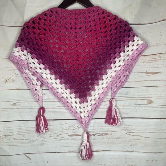 Handmade • Crochet Triangle Scarf/Shawl • Pink & Purple • Tassels • Spring - Image 1