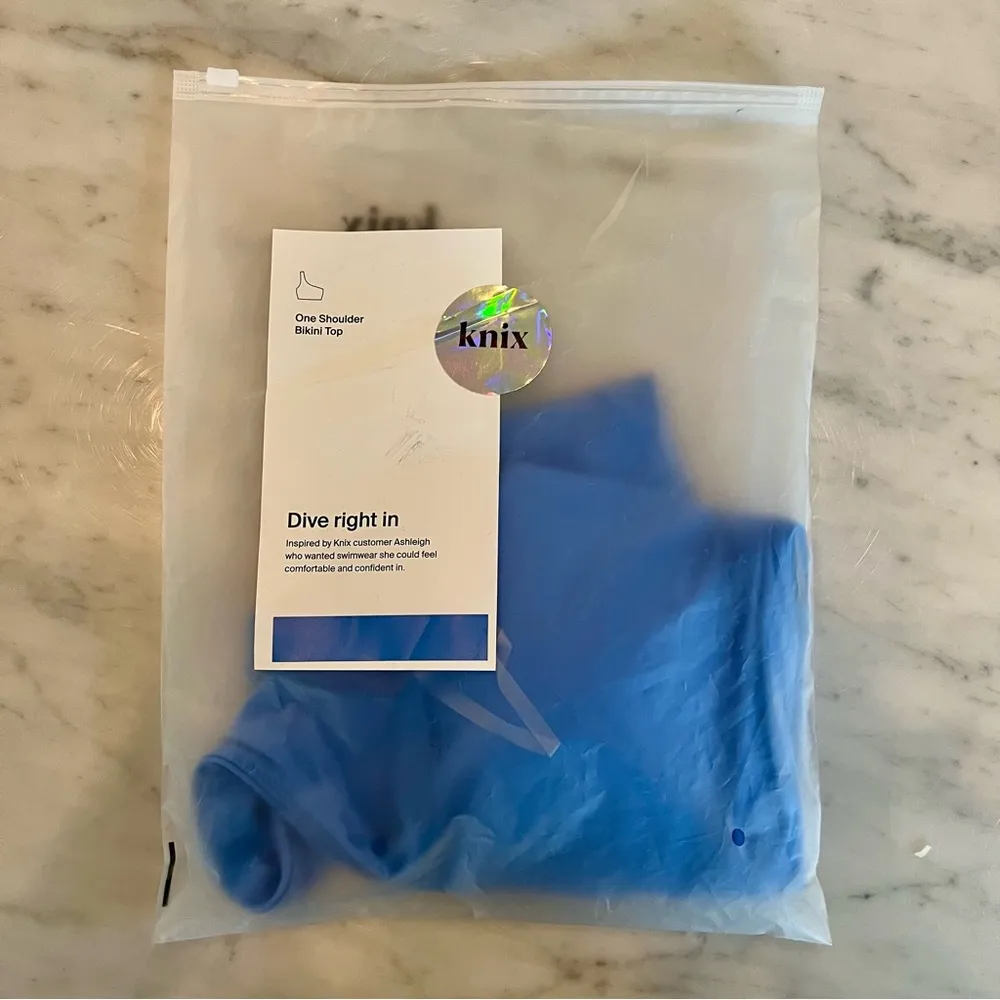 New with Tags Knix One Shoulder Bikini Top Sz M+ 8 10 34D E F Blue Cups $65 Size M - Image 7