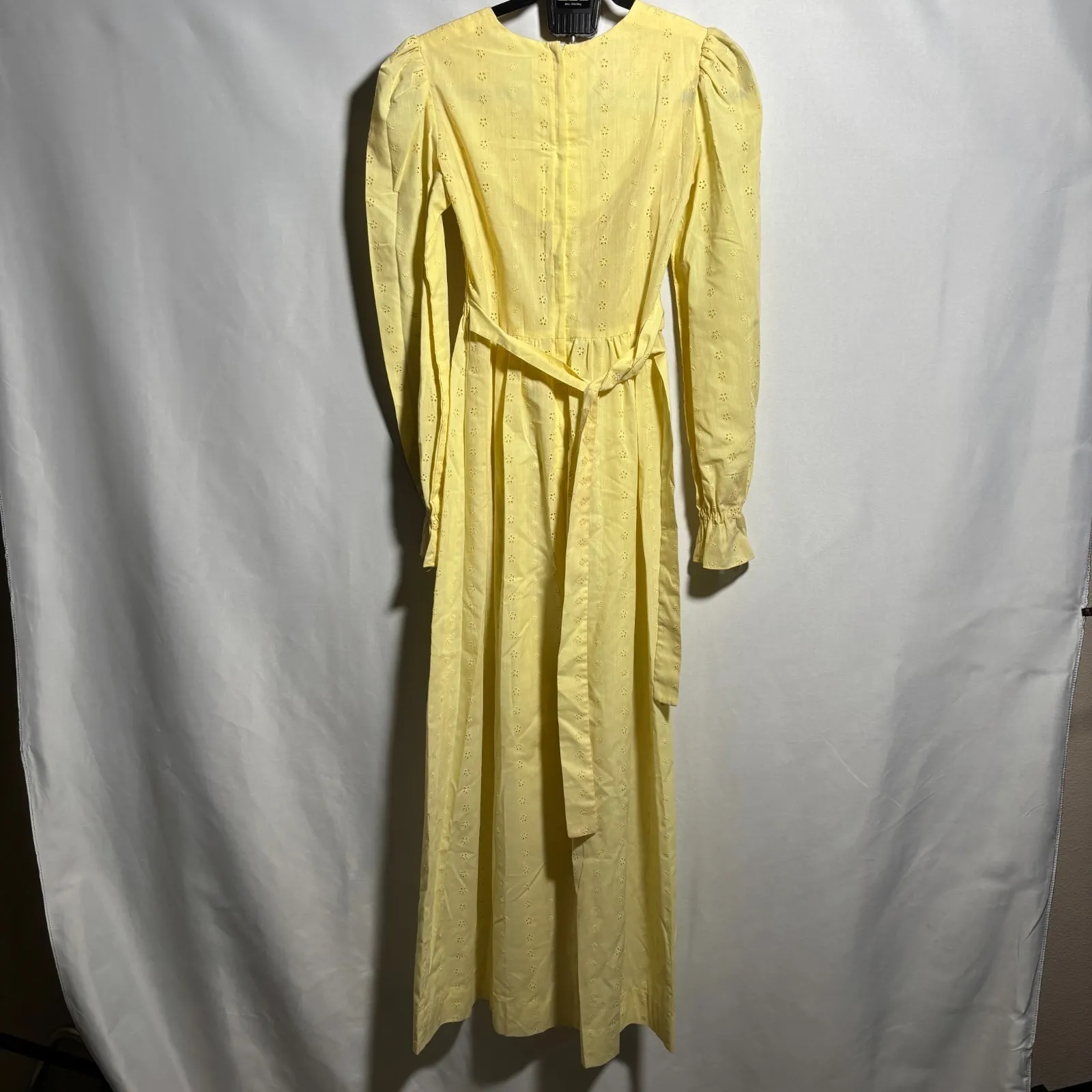 Vintage Yellow Prairie Cottage Core Maxi‎ Dress Eyelet Smocked Long Puff Sleeve Size XS - Image 3