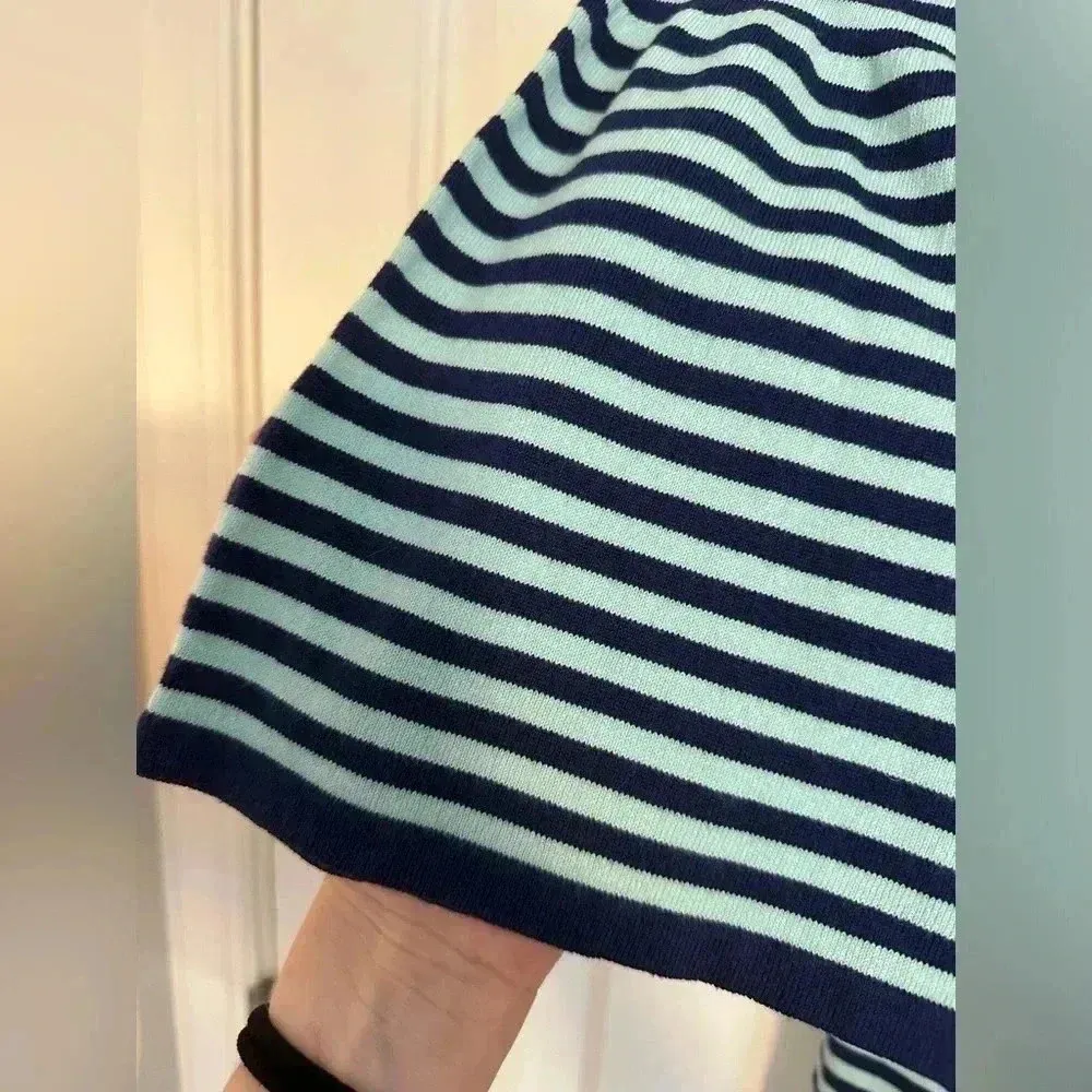 Sail to Sable STS Navy and Aqua Striped Bell Sleeve Sweater Dress M - Image 7