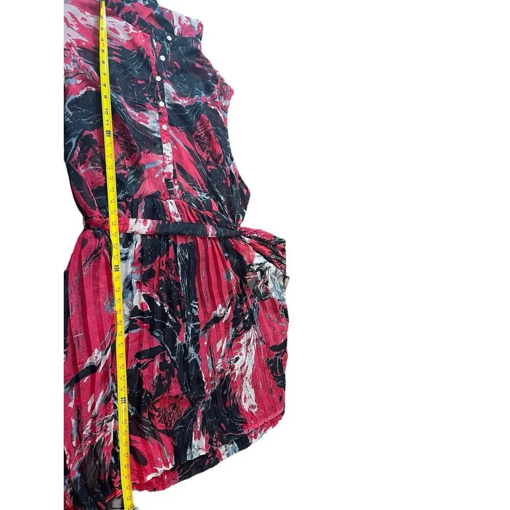 Swak Sleeveless Sheer Lined Midi Red Floral Flowy Button Top Pleated 5x Dress - Image 8