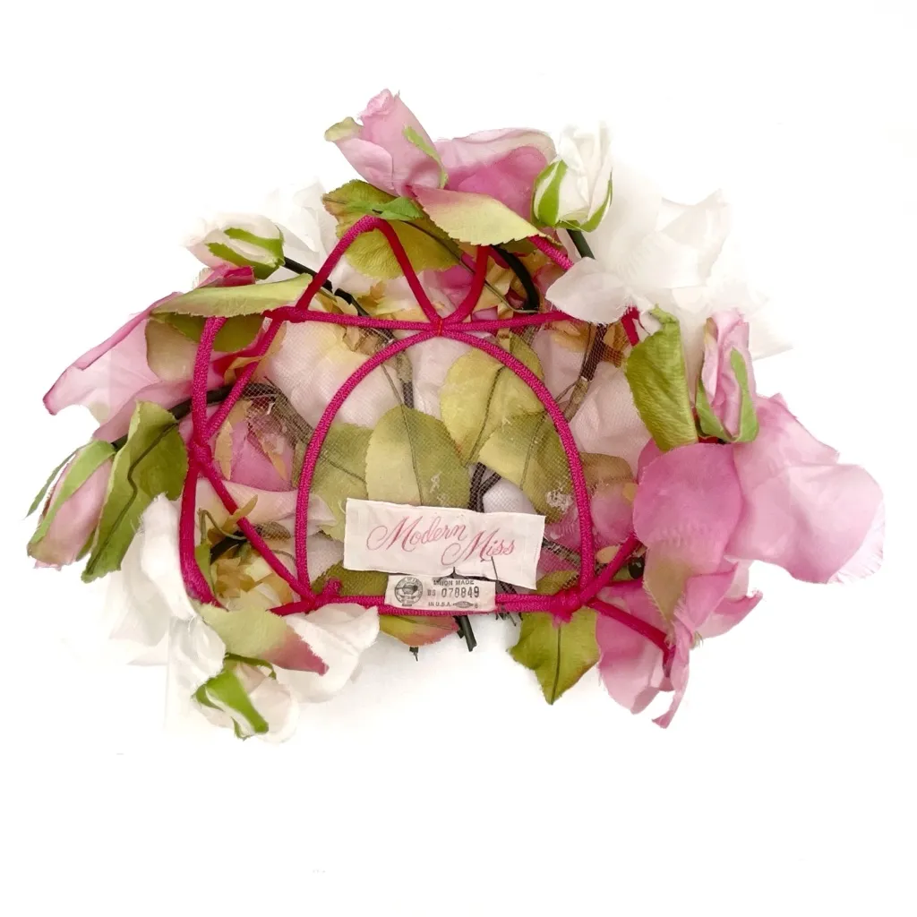 Vintage 1950s Modern Miss Pink White Floral Half Hat Headpiece Union Made USA - Image 10