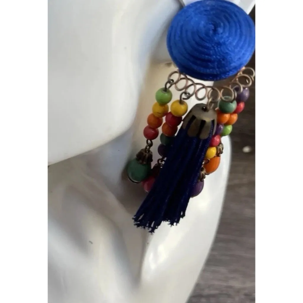 Vintage Earrings Large Long Blue Multi Color Boho Circle Clip On Fringe 80s 90 - Image 5