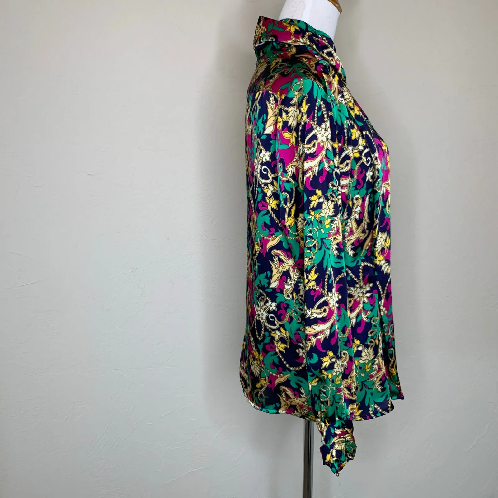 90s Rich Floral Regency Print Dark Blouse Sz 10 Christie & Jill Blue - Image 4