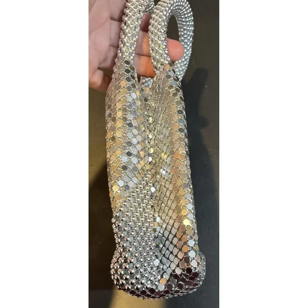 Silver Metal Mesh Small Purse Handbag‎ Handles Evening Bag 90S Y2K Retro VTG - Image 5