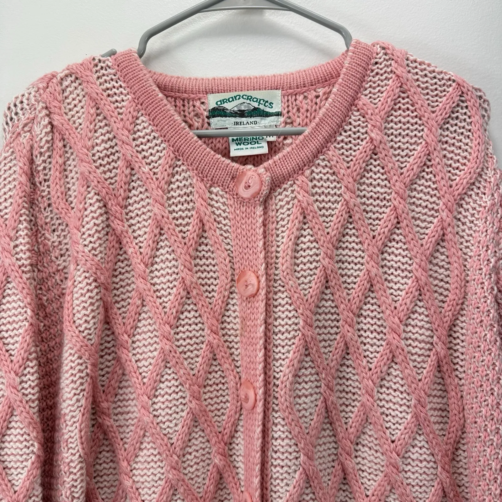 Aran Crafts Coral Merino Wool Button Up Cardigan Cable Sweater Size MEDIUM - Image 3