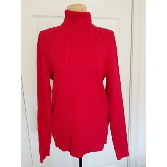 LAUREN RALPH LAUREN Womens Red Rib Knit Long Sleeve Turtle Neck Sweater XL - Image 2