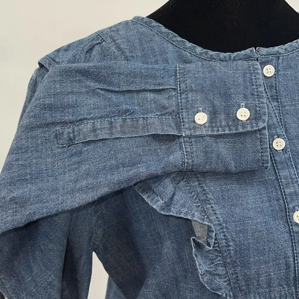 1901 Womens Chambray‎ Ruffled Long Sleeve Blouse Blue Size Small - Image 5