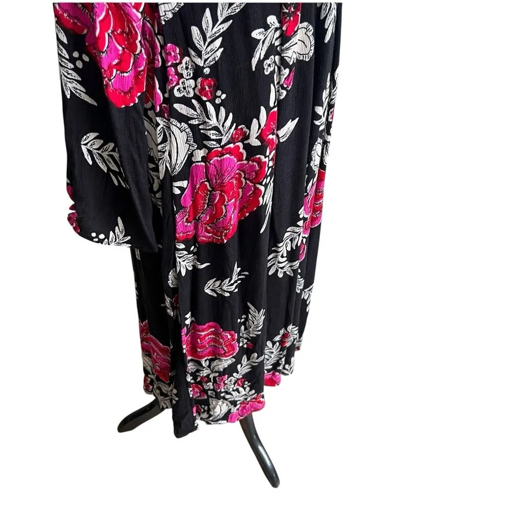 Billabong Women's Floral Whispers Wrap Dress Size Med Black Multi Bell Sleeves - Image 7
