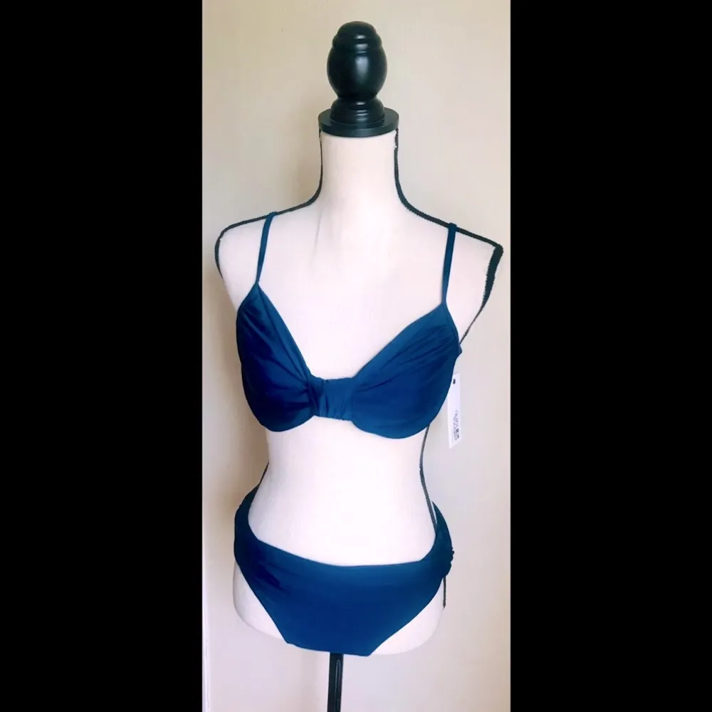 Navy Blue Bikini Swimsuit: Underwire Adjusts Bra Top, Ruched Accents, Sz. 12 - Image 2