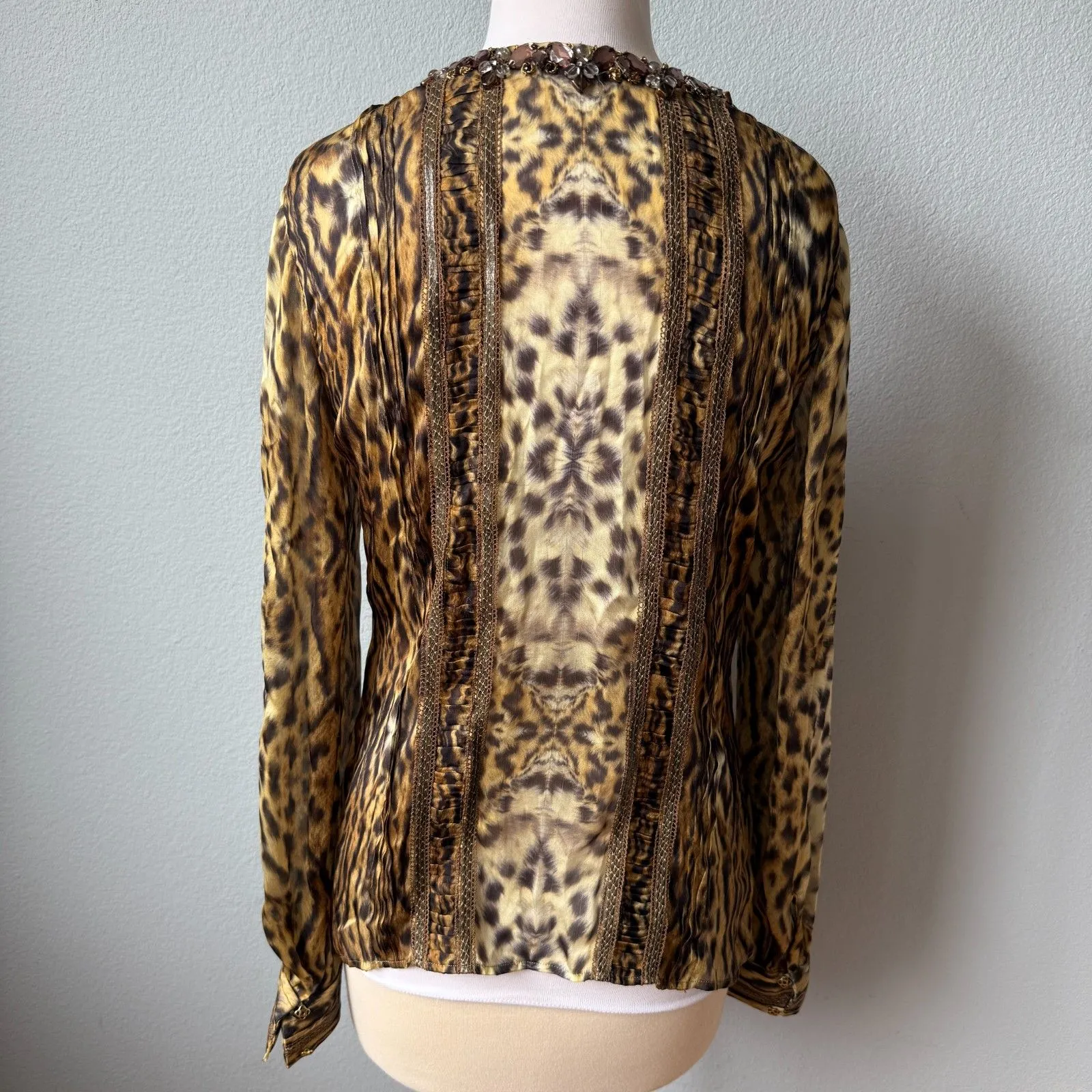 Oscar de la Renta Animal Print Silk Chiffon Blouse Jewels - Image 6