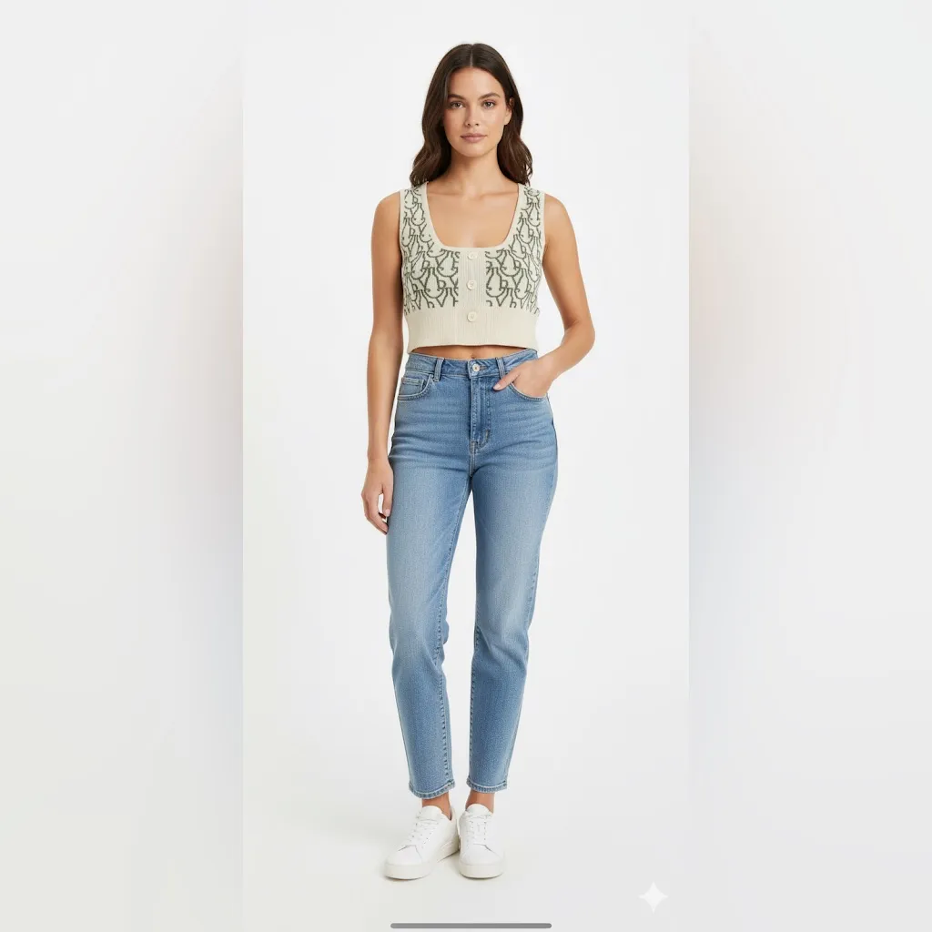 Cider  S Cream Green Knit Sweater Vest Crop Top Square Neck Geometric Pattern - Image 3