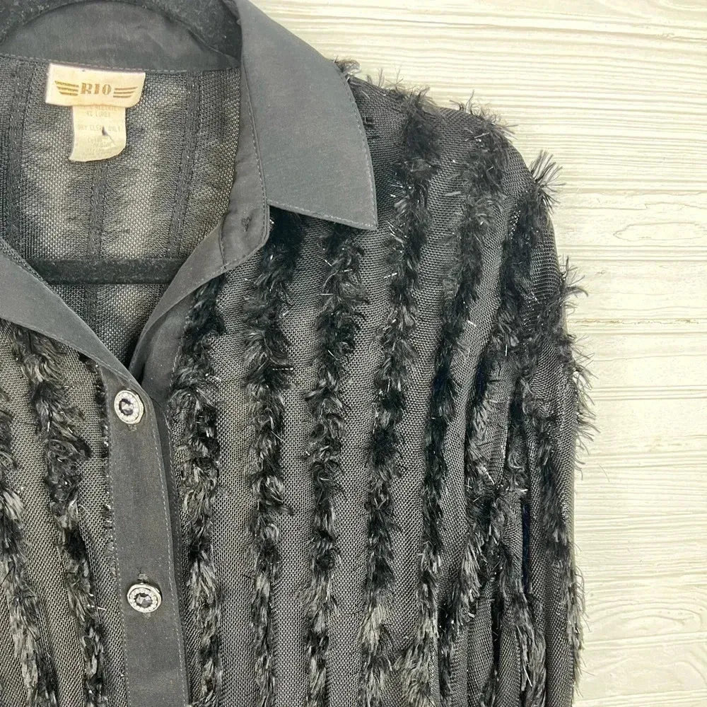 Vintage RIO Black Feather Fringe Jacket Top Rhinestone Buttons Semi Sheer Size M Size M - Image 7