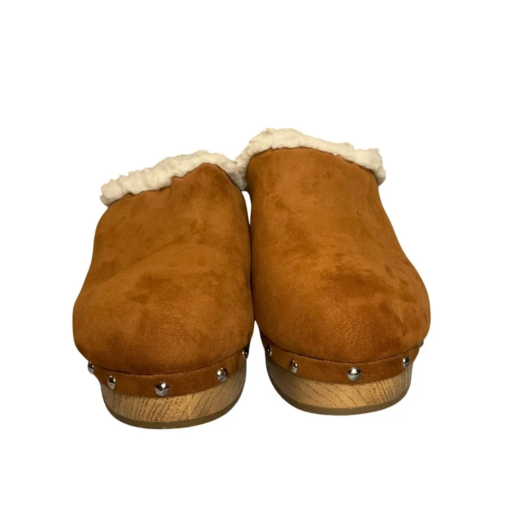 The Drop Tan Faux Shearling Clog Mules Wooden Heels & Metal Stud Accents Size 11 Brown - Image 7