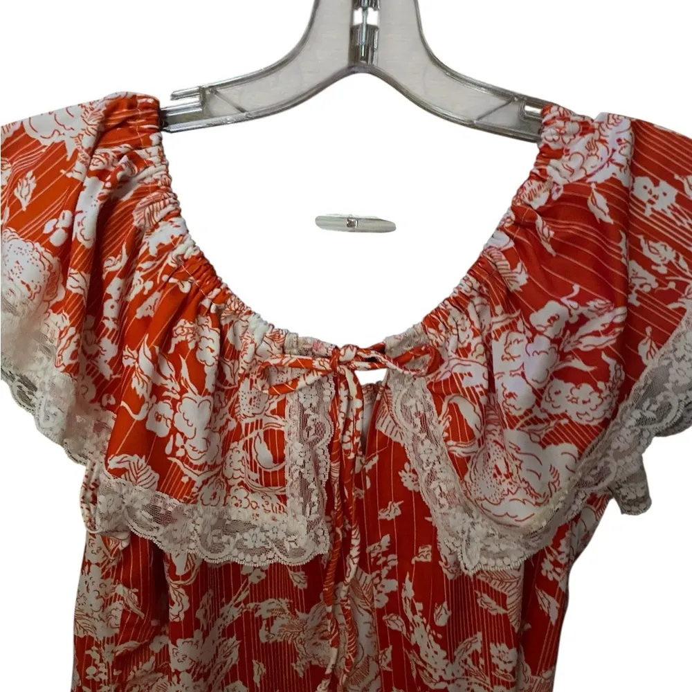 Vintage Handmade 70s Floral Red White Ruffle Lace neck  cottagecore boho western - Image 2