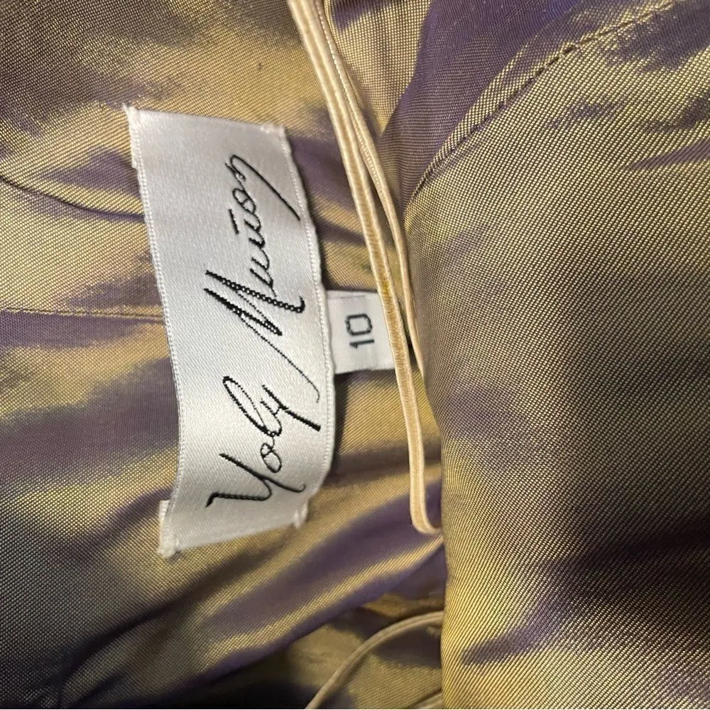 Yoly Munoz Appliqué Lace Corset Bustle Strapless Metallic Gala Event Gown 10‎ Tan - Image 9