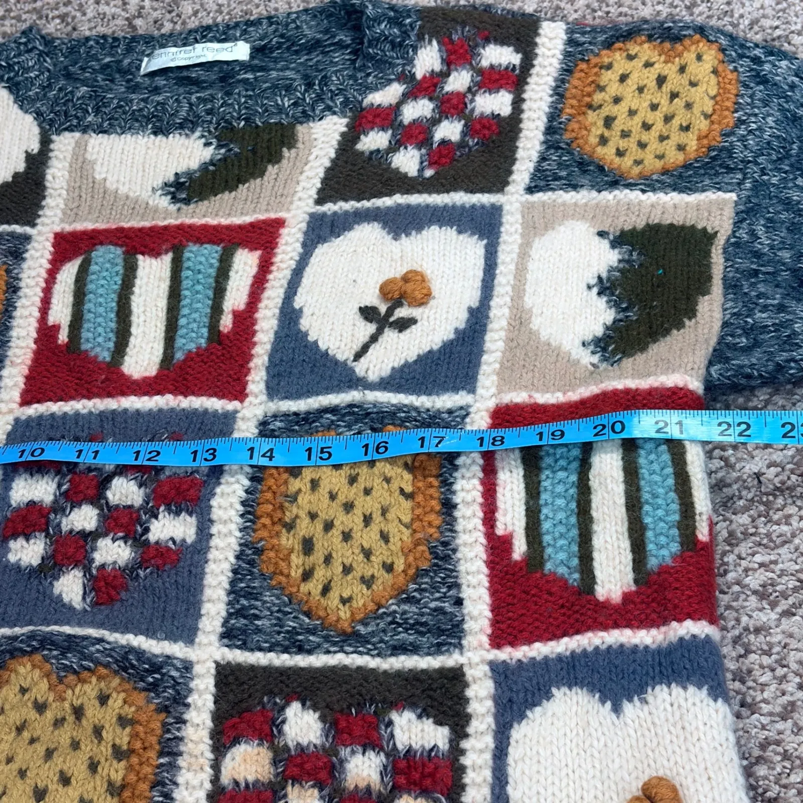 VTG Jennifer Reed Wool Knit Sweater Women Heart Flower Patchwork Oversized L/XL Gray Size L - Image 11