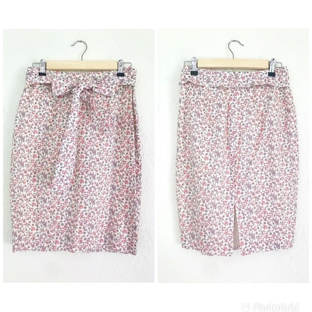 ANTONIO MELANI Floral Print‎ Pencil Skirt Tie Belt Cotton Pink Cream Size 2 NWOT - Image 3