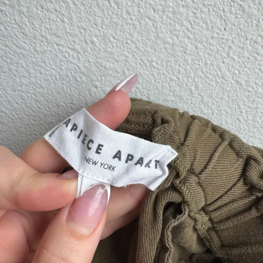 Apiece Apart Son Vida Linen Organic Cotton Green Khaki Ruched Shorts Size Large - Image 5