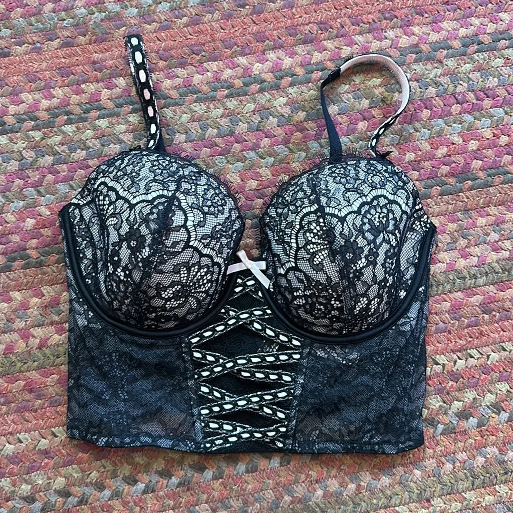 VICTORIAS SECRET DREAM ANGELS BLACK LACE DD CORSET CAMI LACE MESH TOP - Image 7