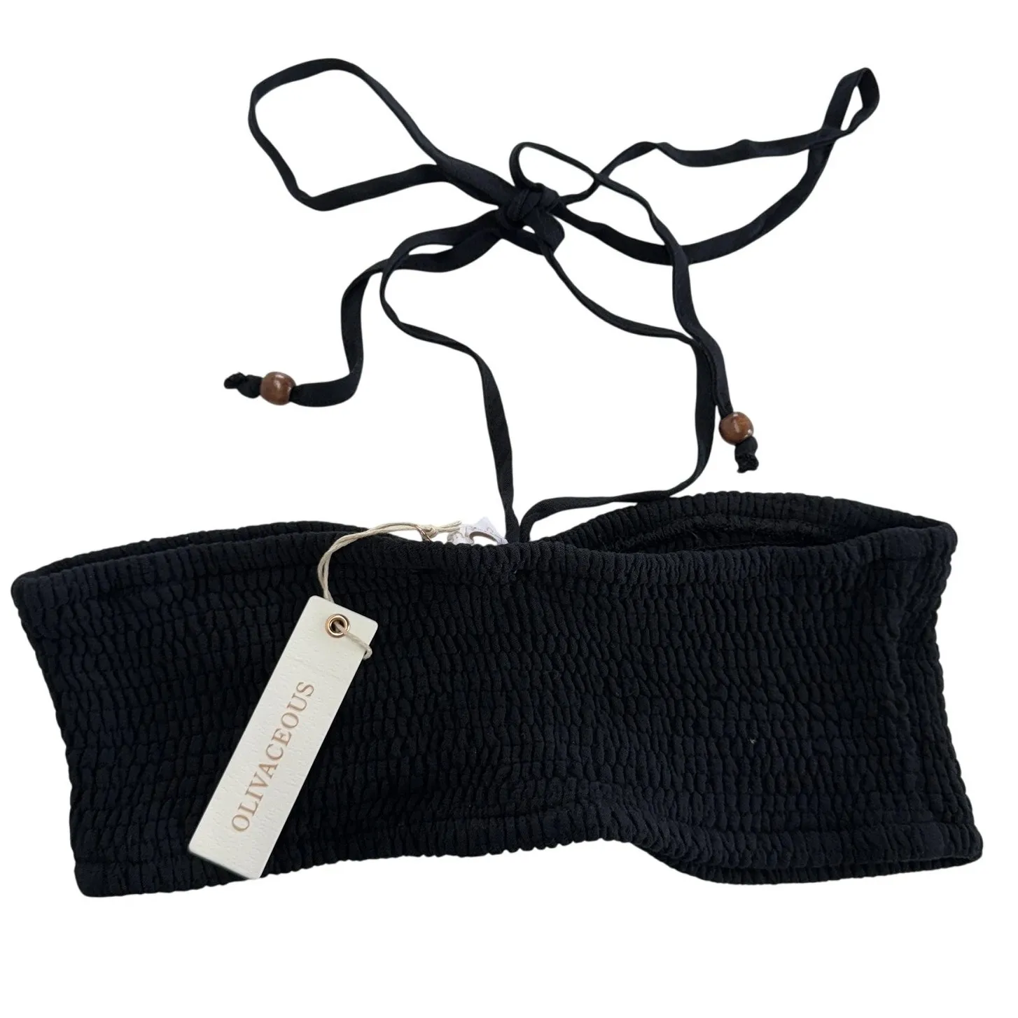 Olivaceous Bandeau‎ Top Womens Small Black Smocked Strapless Halter Tie Neck NEW - Image 2